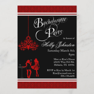 Black and Red Damask Chandelier Bachelorette Party Invitation