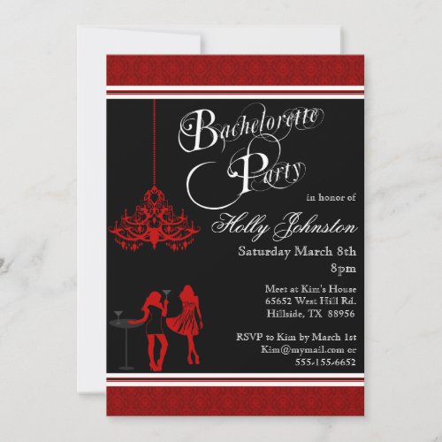 Black and Red Damask Chandelier Bachelorette Party Personalized Announcements