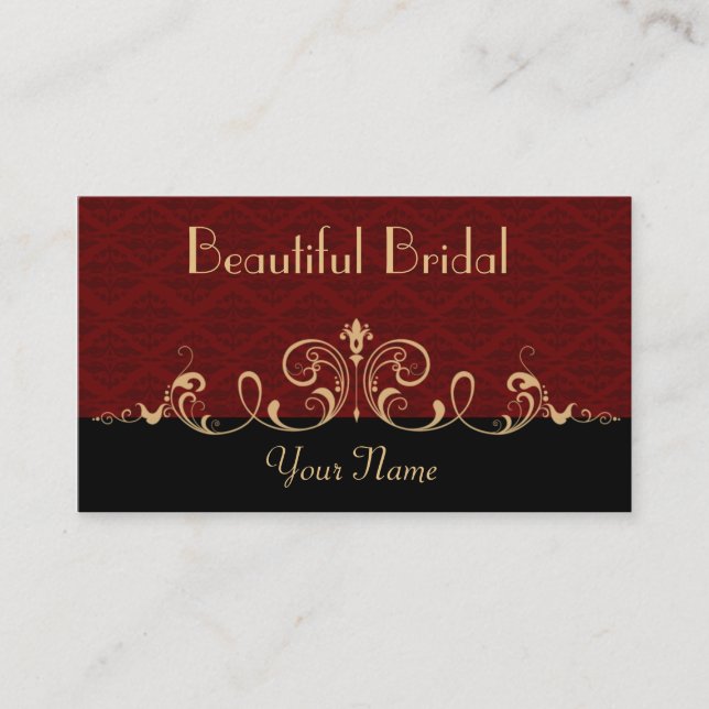 Black and Red Damask Gold Scroll Business Card (Front)
