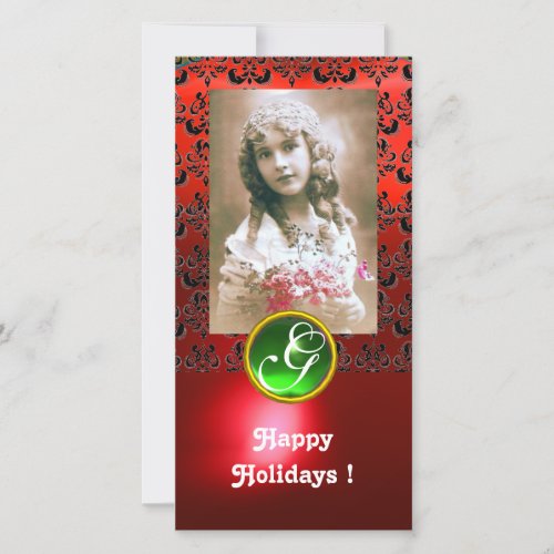 BLACK AND RED DAMASK Green Emerald Monogram Holiday Card