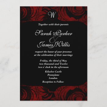 Black And Red Damask Invitation With Monogram by Cards_by_Cathy at Zazzle