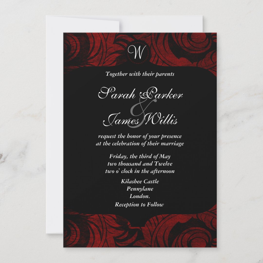 Black and red damask Invitation with monogram Zazzle