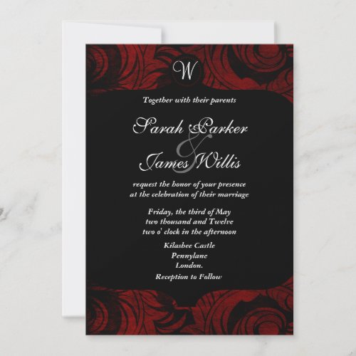Black and red damask Invitation with monogram