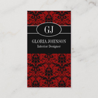 Black and Red Damask Monogram Business Card