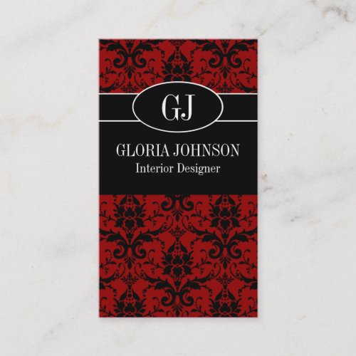 Black and Red Damask Monogram Business Card