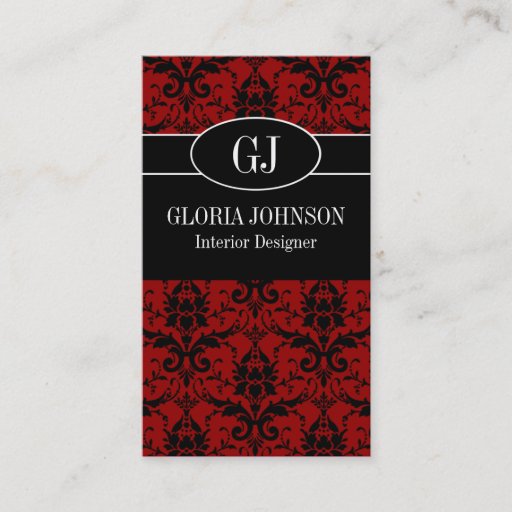 Customizable Black and Red Damask Monogram Business Card