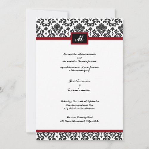 Black and Red Damask Monogram Wedding Invitation