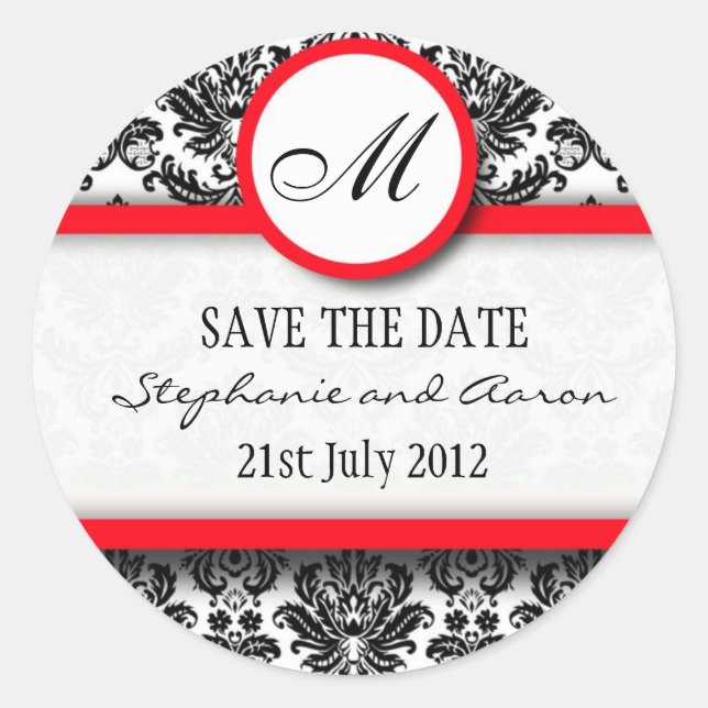 Black and Red Damask Monogram Wedding Sticker (Front)