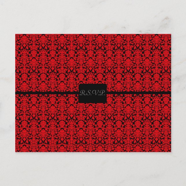 Black and Red Damask RSVP Invitation Postcard (Front)