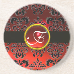 BLACK AND RED DAMASK RUBY Monogram Drink Coaster