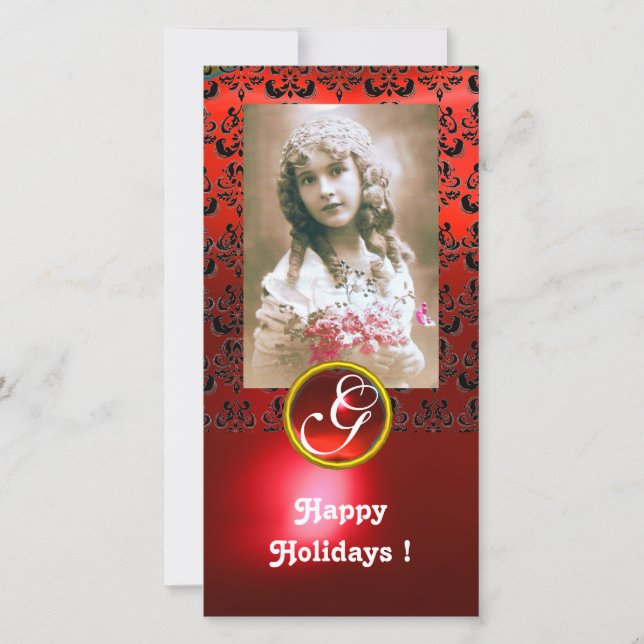 BLACK AND RED DAMASK Ruby Monogram Holiday Card (Front)