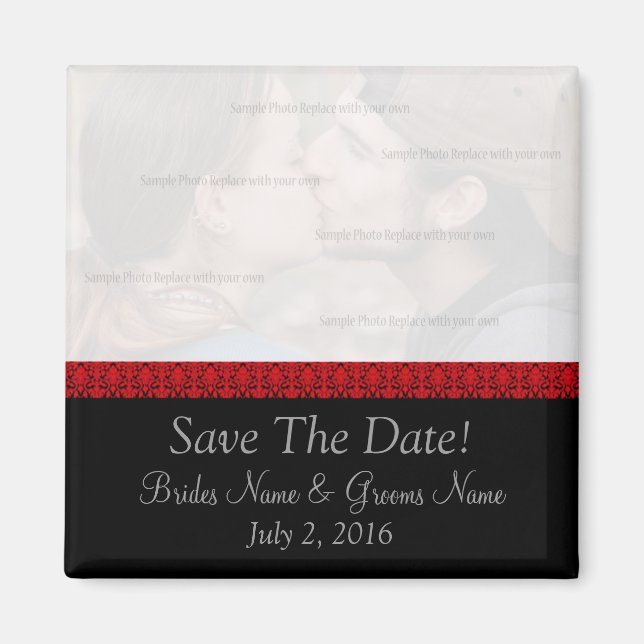 Black and Red Damask Save The Date Magnet (Front)