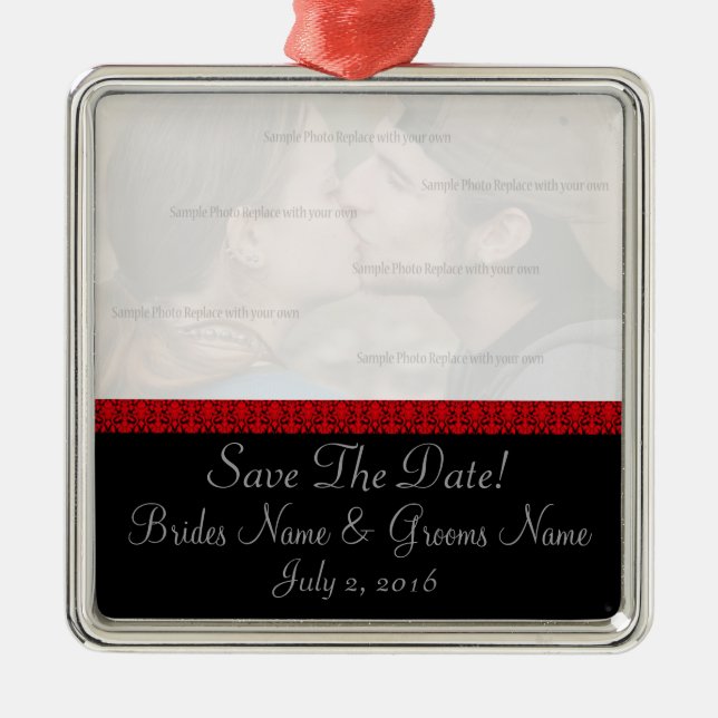 Black and Red Damask Save The Date Ornament (Front)