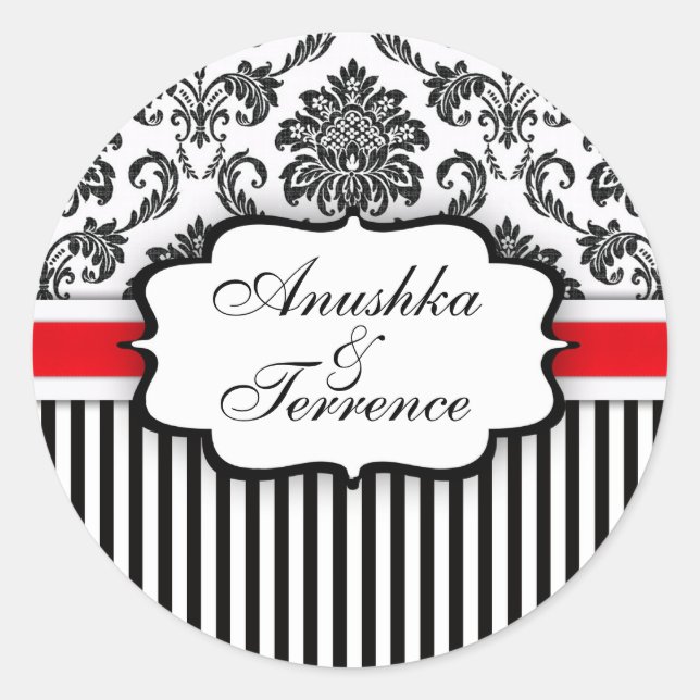 Black and Red Damask Stripe Wedding Sticker (Front)