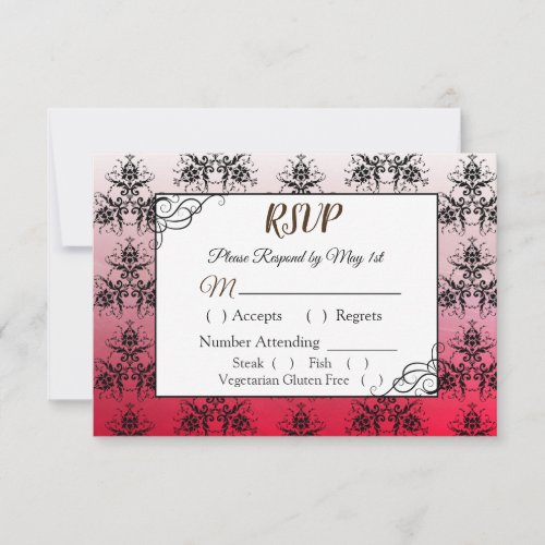 Black and Red Damask Wedding RSVP card