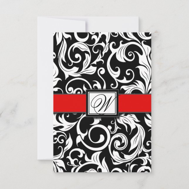 Black and Red Damask Wedding RSVP Cards (Front)