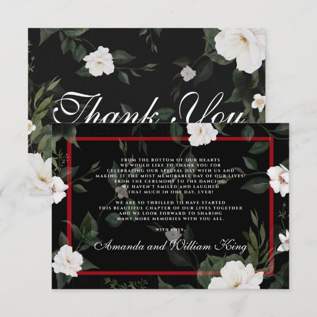 Black and Red Elegant Floral Wedding Thank You (Front/Back)