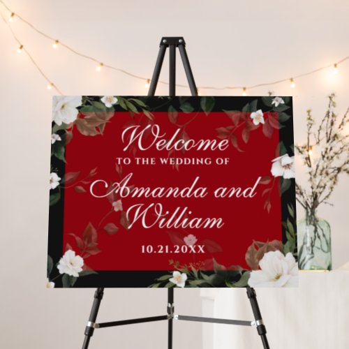  Black and Red Elegant Floral Wedding Welcome Sign