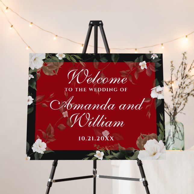  Black and Red Elegant Floral Wedding Welcome Sign (In Situ (Stand))