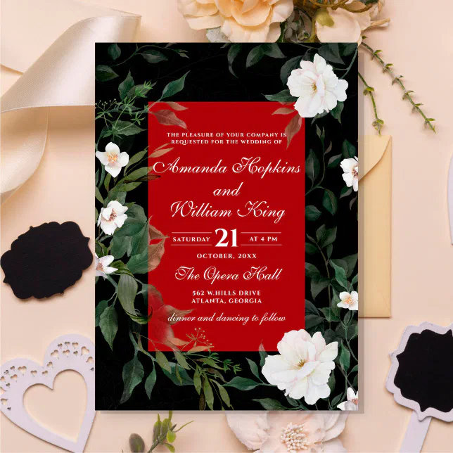 Black and Red Elegant White Floral Wedding Invitation | Zazzle