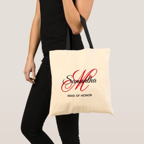 Black and Red Fancy Monogram Maid of Honor Tote Bag