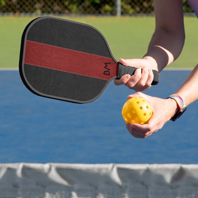 Black and red faux leather stripes pickleball paddle (Insitu)