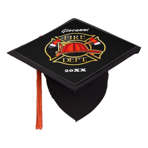 Black and Red Fire Department Emblem Graduation Cap Topper