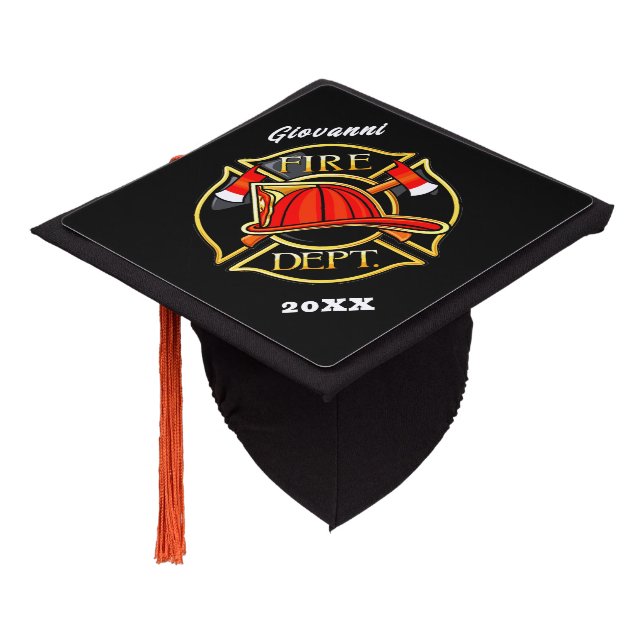 Black and Red Fire Department Emblem Graduation Cap Topper (Angled)