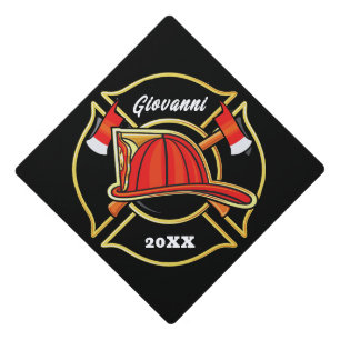 Black and Red Fire Department Emblem Graduation Cap Topper