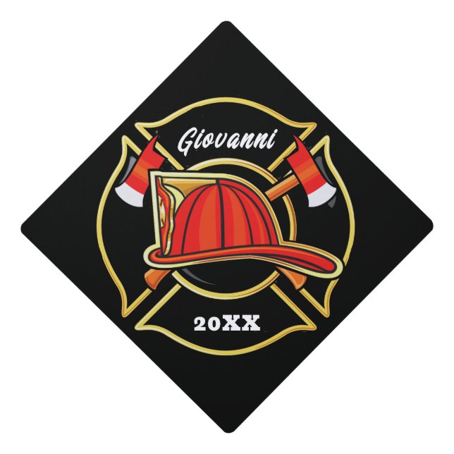 Black and Red Fire Department Emblem Graduation Cap Topper (Front)