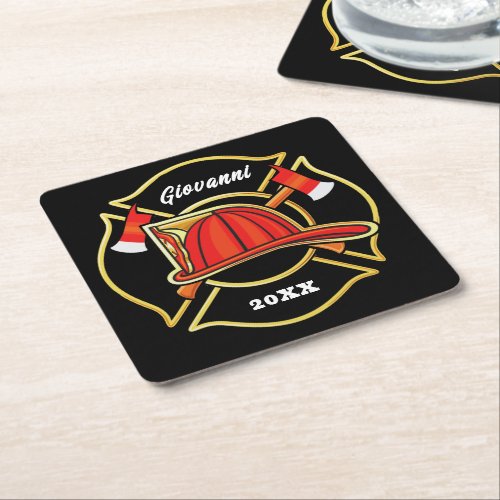 Black and Red Fire Department Emblem Square Paper Coaster