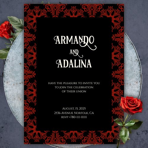 Black and Red Floral Gothic Dark Elegant Wedding Invitation