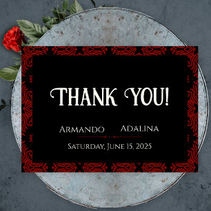 Black and Red Floral Gothic Dark Elegant Wedding Letterpress Thank You Card