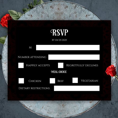 Black and Red Floral Gothic Dark Elegant Wedding RSVP Card
