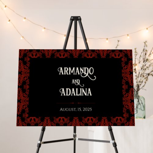 Black and Red Floral Gothic Dark Wedding Welcome Foam Board