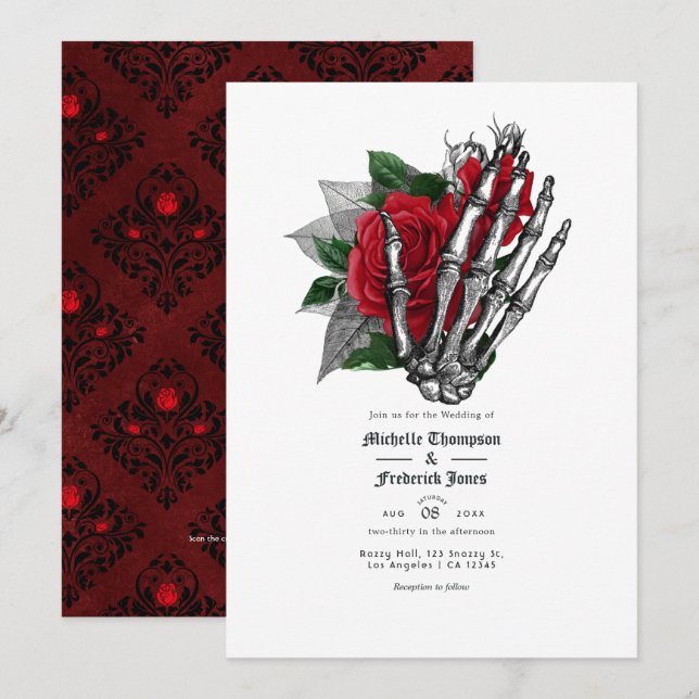 Black and Red Floral Gothic Wedding QR Code Invitation (Front/Back)
