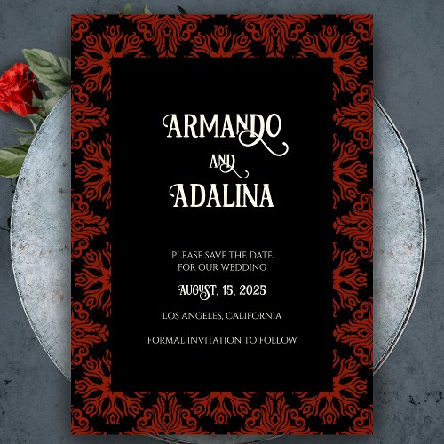 Black and Red Floral Gothic Wedding Save the Date Magnetic Invitation