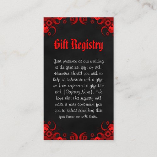 Black and Red Floral Mini Wedding Gift Registry Enclosure Card