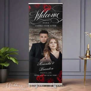 Black and Red Floral Photo Wedding Welcome Banner