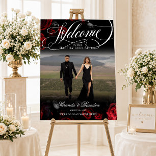 Black and Red Floral Photo Wedding Welcome Sign