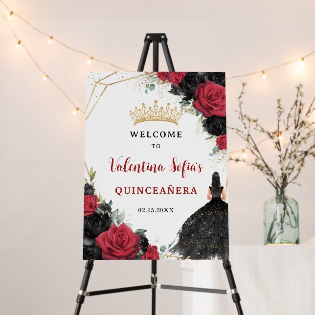 Black and Red Floral Princess Quinceañera Welcome Foam Board (In Situ (Stand))