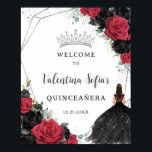 Black and Red Floral Princess Quinceañera Welcome Poster<br><div class="desc">Personalize this pretty floral Quinceañera / Sweet 16 birthday welcome sign poster easily and quickly. Simply click the Edit Using Design Tools button to further edit the text, change font style, size and color. Featuring a girl dressed in a gorgeous black dress, chic black and red flowers and a silver...</div>