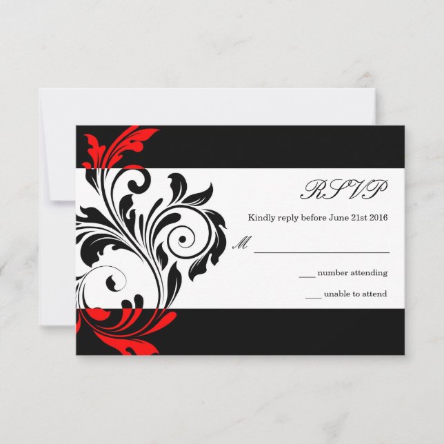 Black and Red Floral Swirl Wedding RSVP (Front)