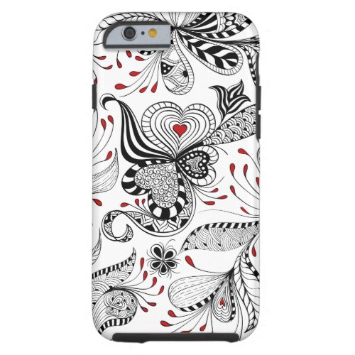 Black And Red Floral Swirls And Hearts Tough iPhone 6 Case