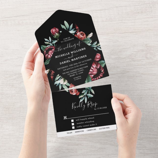 Black and Red Floral Wedding All In One Invitation (Tearaway)