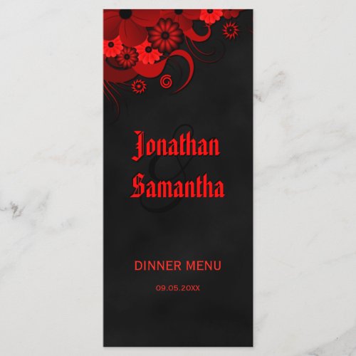 Black and Red Floral Wedding Dinner Menu Cards
