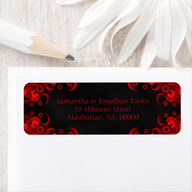 Black and Red Floral Wedding Return Address Labels (Insitu)