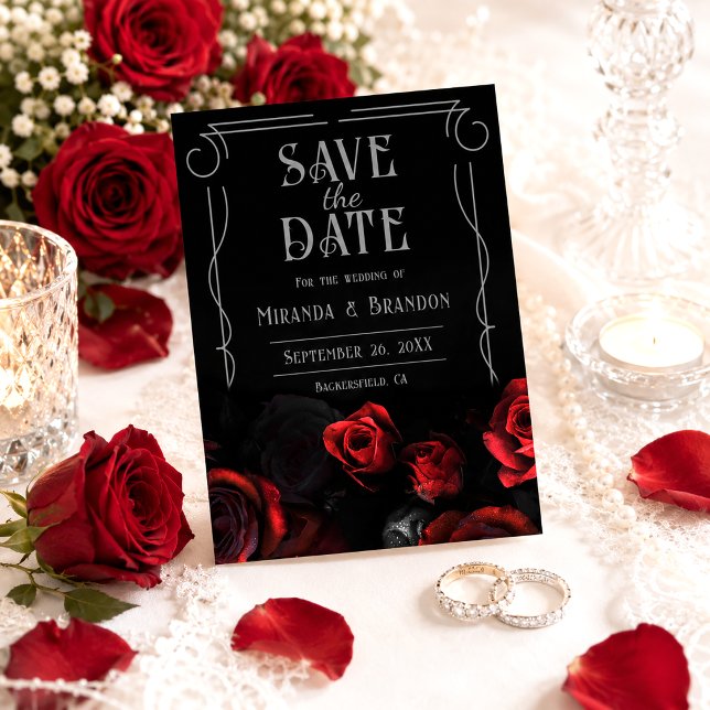 Black and Red Floral Wedding Save the Date Card (Creator Uploaded)