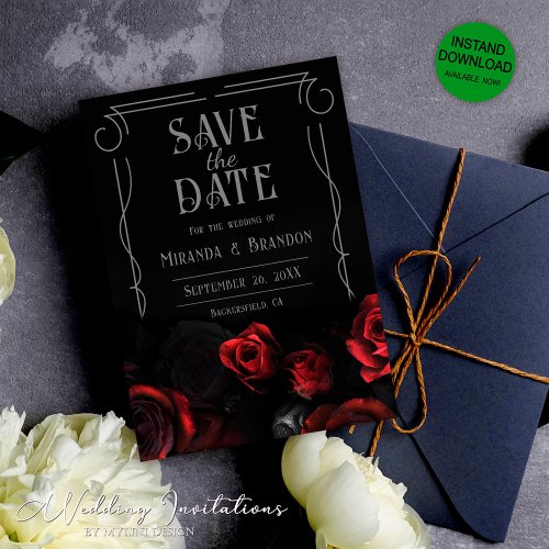 Black and Red Floral Wedding Save the Date Card