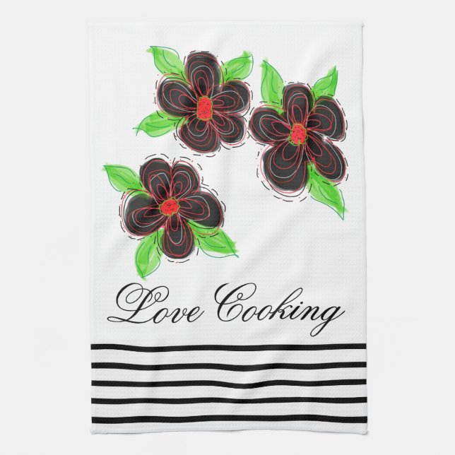 Black And Red Floral With Black Stripes Kitchen Towel (Vertical)